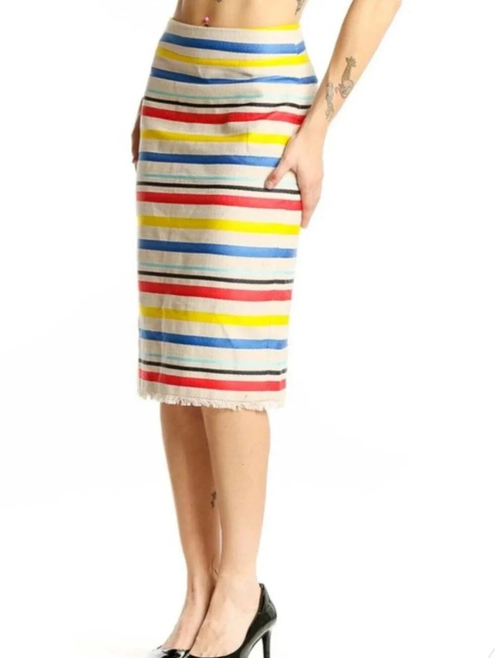 J Crew Striped Pencil Knee Skirt Fringe Red Yellow Blue Cream Lined 4 Back Slit